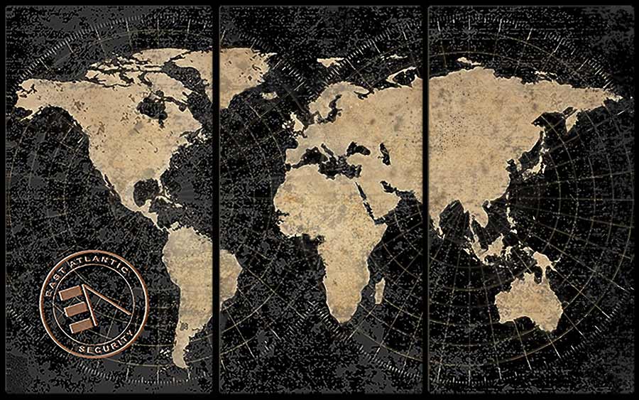 East Atlantic Security banner image of old world map on brick wall; cyber security in Asheville,NC.