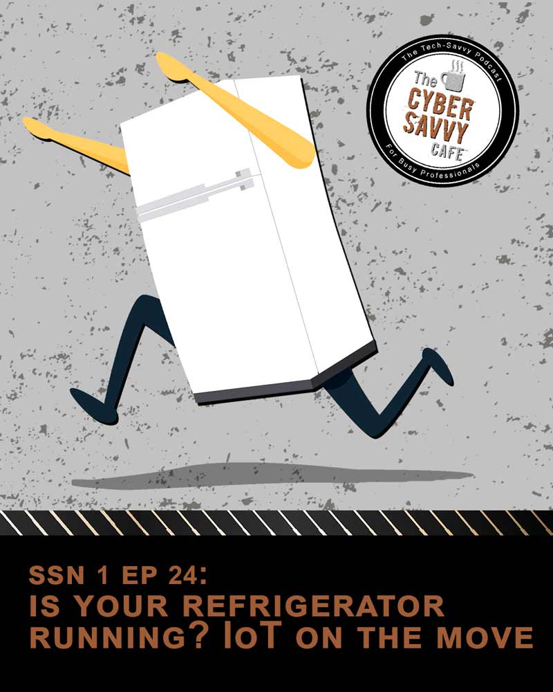 Ssn 1 Ep 24 IoT devices and security; image of refrigerator running away.