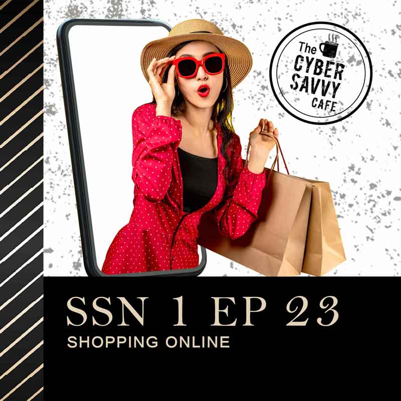 Shopping securely online, image of woman in sunglasses with shopping bags popping out of a phone.